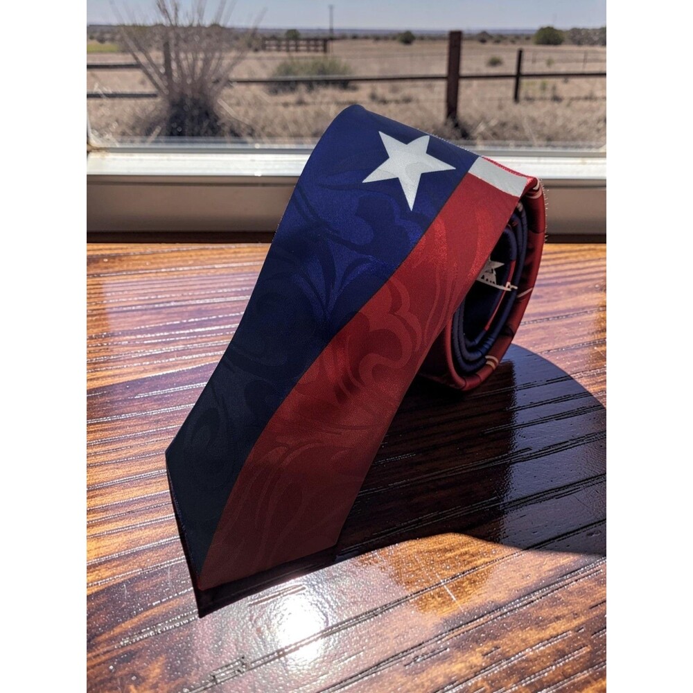 Roberto Cellini Texas Flag Tie Red White Blue Gray Star Scroll 58”x 3.75"